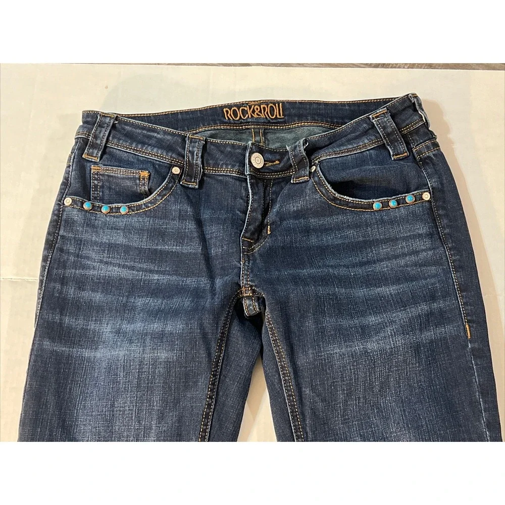 Rock & Roll Denim Western Cowgirl Trouser Women's 29 X 32 Jeans Turquoise Studs - Picture 2 of 16